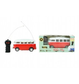 Autobus retro RC na dálkové ovládání 27MHz plast 18cm na baterie se světlem v krabici 25x11x11cm